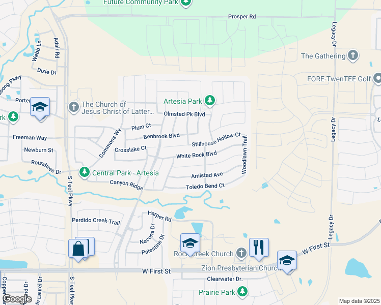 map of restaurants, bars, coffee shops, grocery stores, and more near 16401 White Rock Boulevard in Prosper