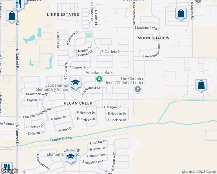 map of restaurants, bars, coffee shops, grocery stores, and more near 39539 North Dusty Drive in Queen Creek