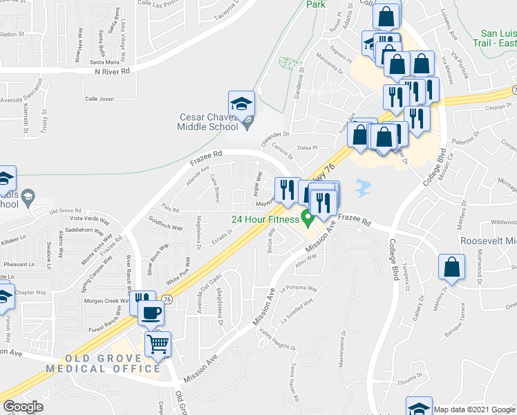 map of restaurants, bars, coffee shops, grocery stores, and more near 281 Argus Way in Oceanside