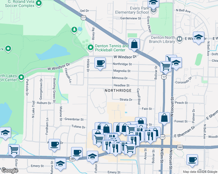 map of restaurants, bars, coffee shops, grocery stores, and more near 617 Headlee Street in Denton