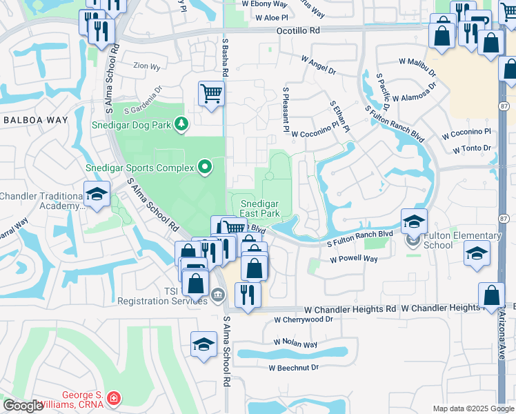 map of restaurants, bars, coffee shops, grocery stores, and more near in Chandler