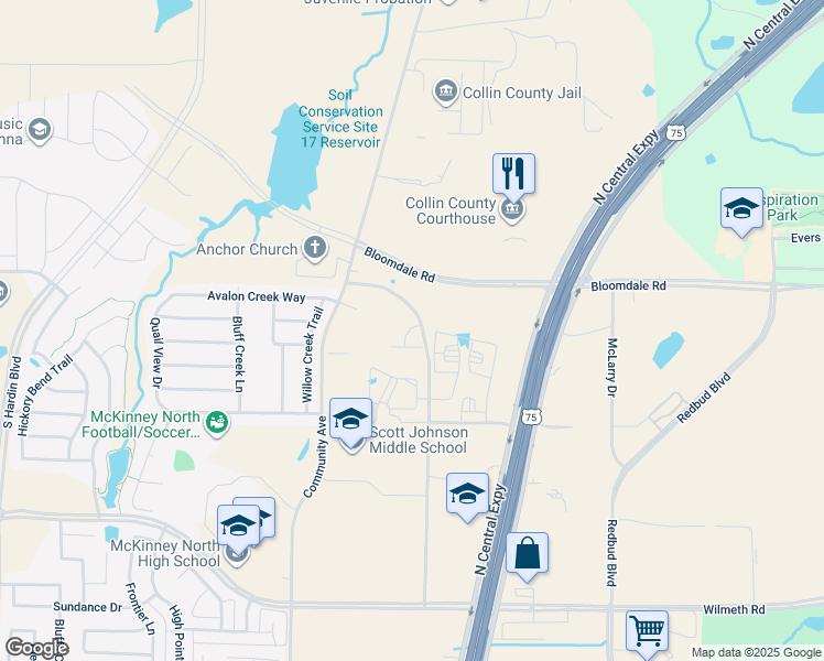 map of restaurants, bars, coffee shops, grocery stores, and more near 3901 James Pitts Drive in McKinney