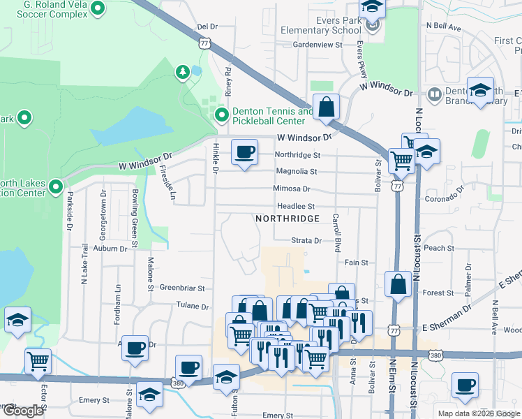 map of restaurants, bars, coffee shops, grocery stores, and more near 617 Headlee Street in Denton
