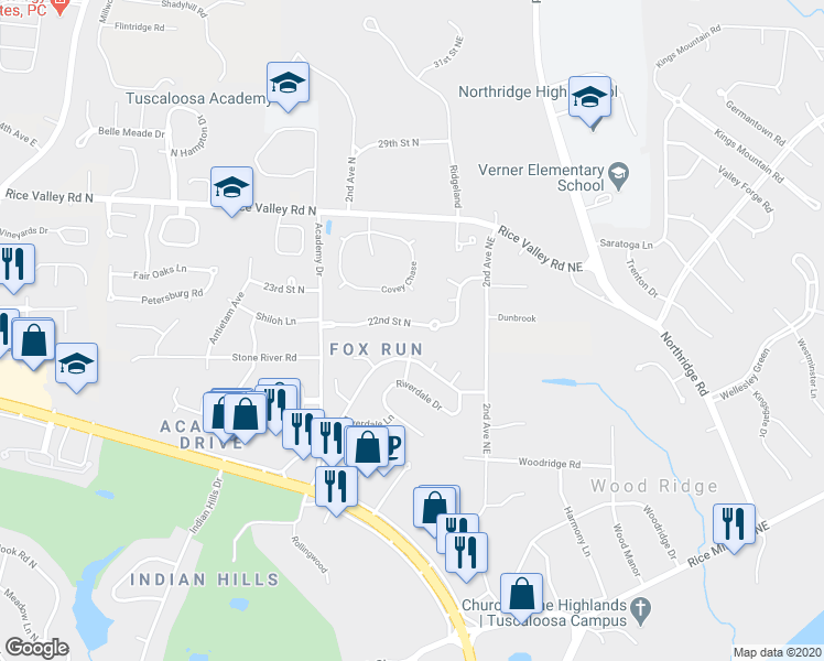 map of restaurants, bars, coffee shops, grocery stores, and more near 111 22nd Street North in Tuscaloosa