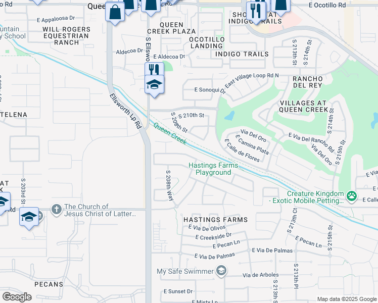 map of restaurants, bars, coffee shops, grocery stores, and more near 20926 East Arroyo Verde Drive in Queen Creek