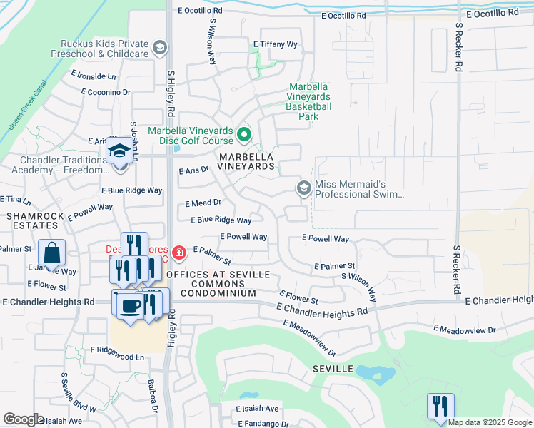 map of restaurants, bars, coffee shops, grocery stores, and more near 3454 East Casa Mader Drive in Gilbert