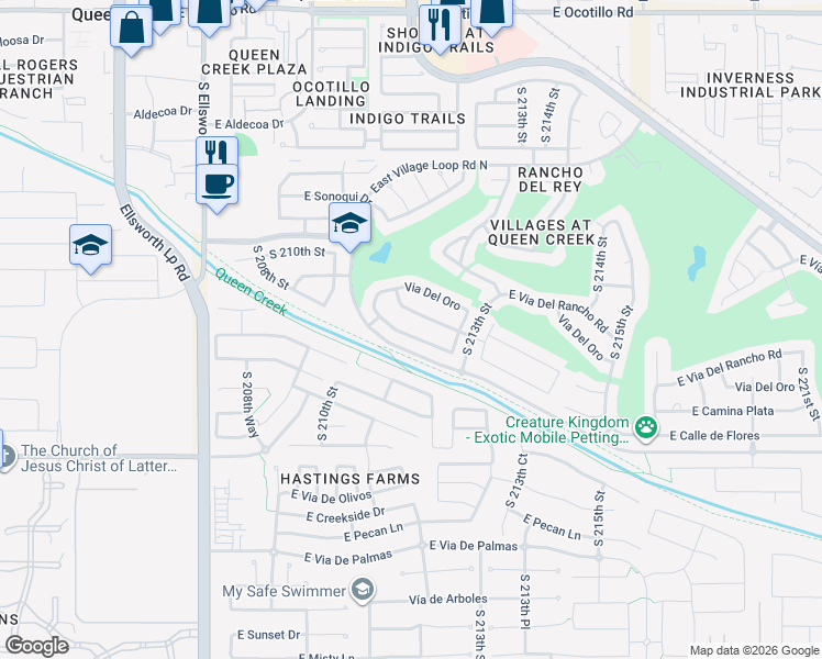 map of restaurants, bars, coffee shops, grocery stores, and more near 21116 East Calle de Flores in Queen Creek
