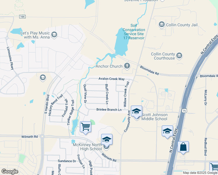 map of restaurants, bars, coffee shops, grocery stores, and more near 3712 Bluff Creek Lane in McKinney