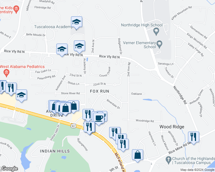 map of restaurants, bars, coffee shops, grocery stores, and more near 117 22nd Street North in Tuscaloosa