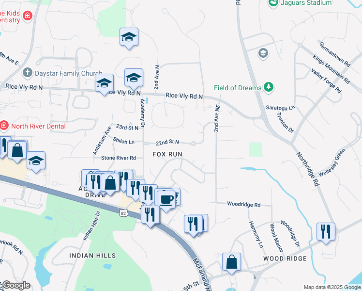 map of restaurants, bars, coffee shops, grocery stores, and more near 117 22nd Street North in Tuscaloosa
