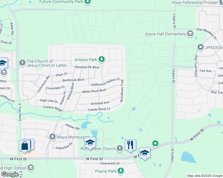 map of restaurants, bars, coffee shops, grocery stores, and more near 16613 White Rock Boulevard in Prosper