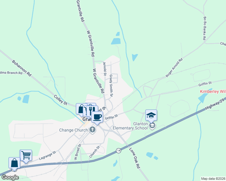 map of restaurants, bars, coffee shops, grocery stores, and more near 58 Grady Smith Street in Grantville
