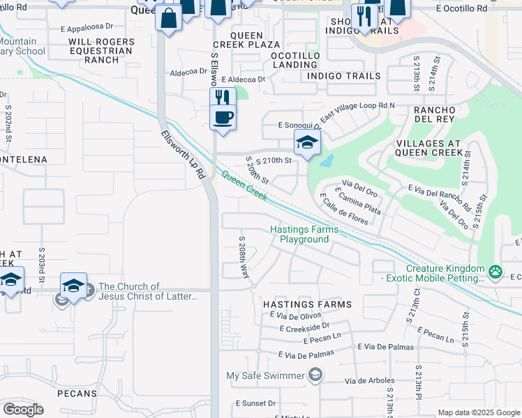 map of restaurants, bars, coffee shops, grocery stores, and more near 20926 East Arroyo Verde Drive in Queen Creek
