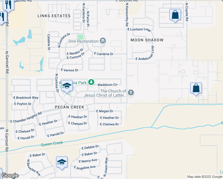 map of restaurants, bars, coffee shops, grocery stores, and more near 1697 Maddison Circle in Queen Creek