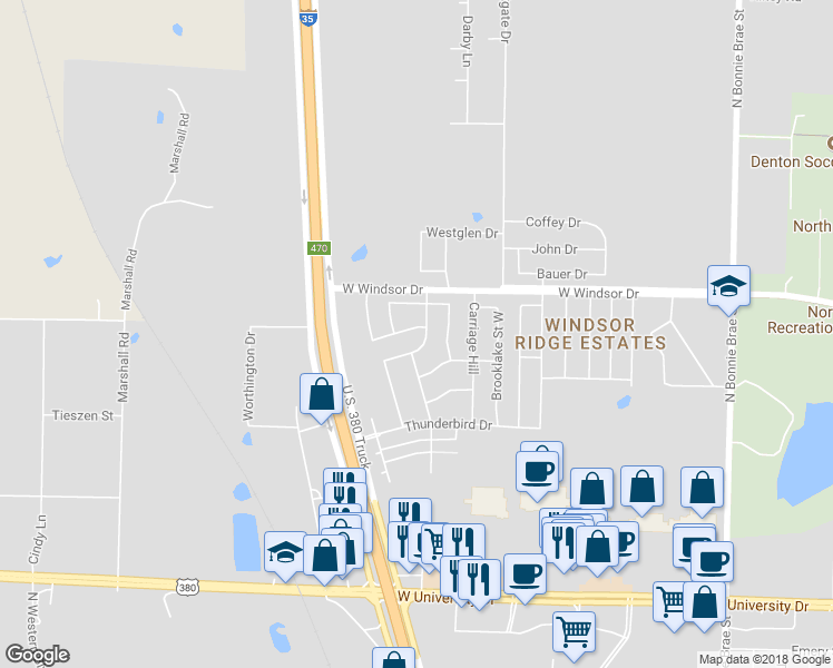map of restaurants, bars, coffee shops, grocery stores, and more near 2905 Savill Garden Drive in Denton
