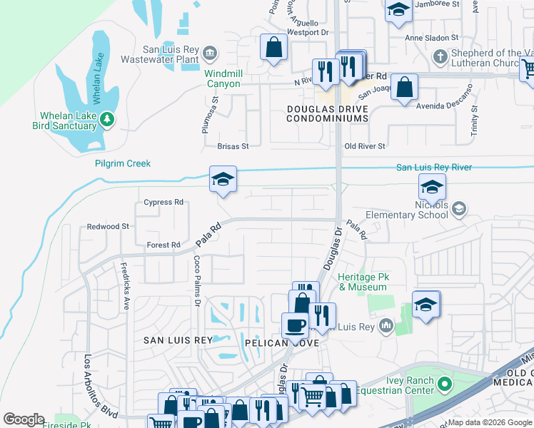 map of restaurants, bars, coffee shops, grocery stores, and more near 3909 Posada Court in Oceanside