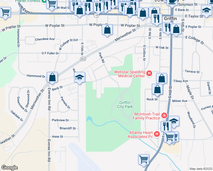 map of restaurants, bars, coffee shops, grocery stores, and more near 815 Park Road in Griffin