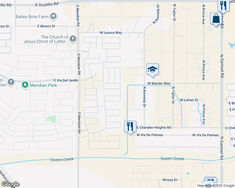 map of restaurants, bars, coffee shops, grocery stores, and more near 1182 Via Del Oro in Queen Creek