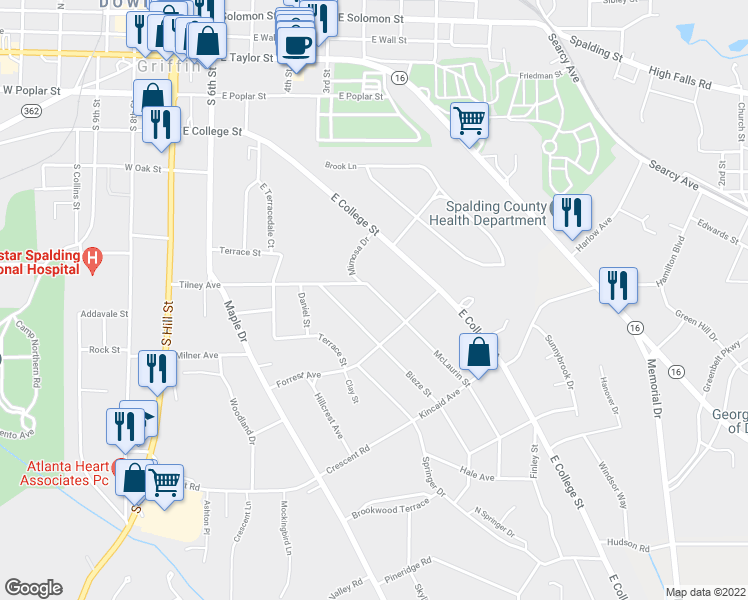 map of restaurants, bars, coffee shops, grocery stores, and more near 648 McLaurin Street in Griffin