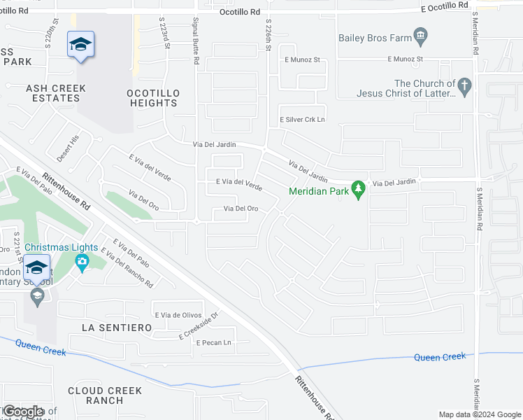 map of restaurants, bars, coffee shops, grocery stores, and more near 22546 East Vía Del Oro in Queen Creek