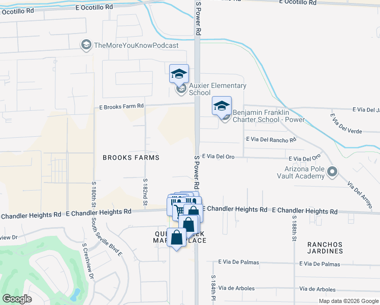 map of restaurants, bars, coffee shops, grocery stores, and more near 23120 South Power Road in Gilbert