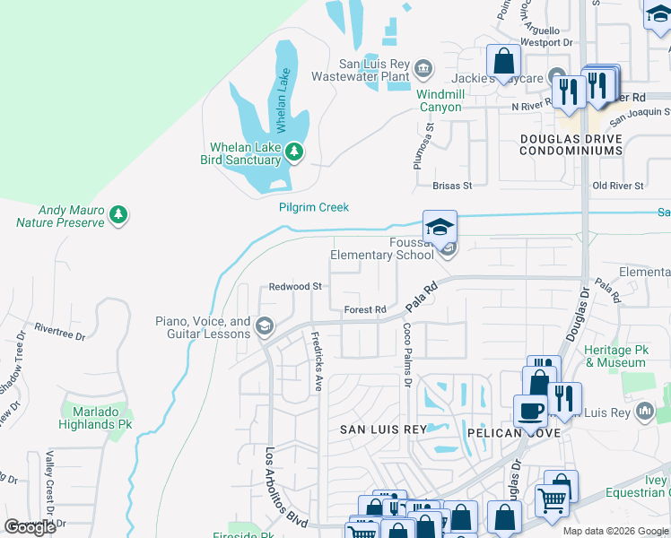 map of restaurants, bars, coffee shops, grocery stores, and more near 3662 Weeping Willow Road in Oceanside