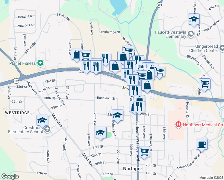 map of restaurants, bars, coffee shops, grocery stores, and more near 2215 32nd Street in Northport