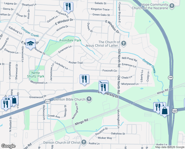 map of restaurants, bars, coffee shops, grocery stores, and more near 2105 Chebi Lane in Denton