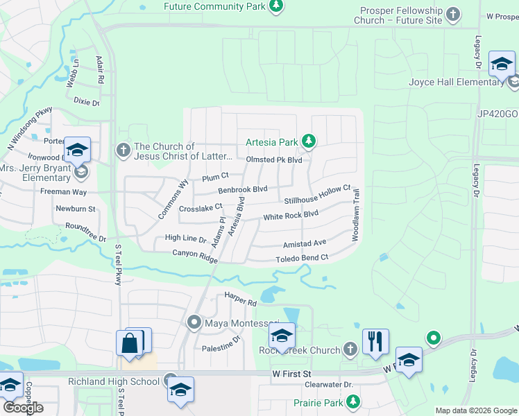 map of restaurants, bars, coffee shops, grocery stores, and more near 16224 Stillhouse Hollow Court in Prosper