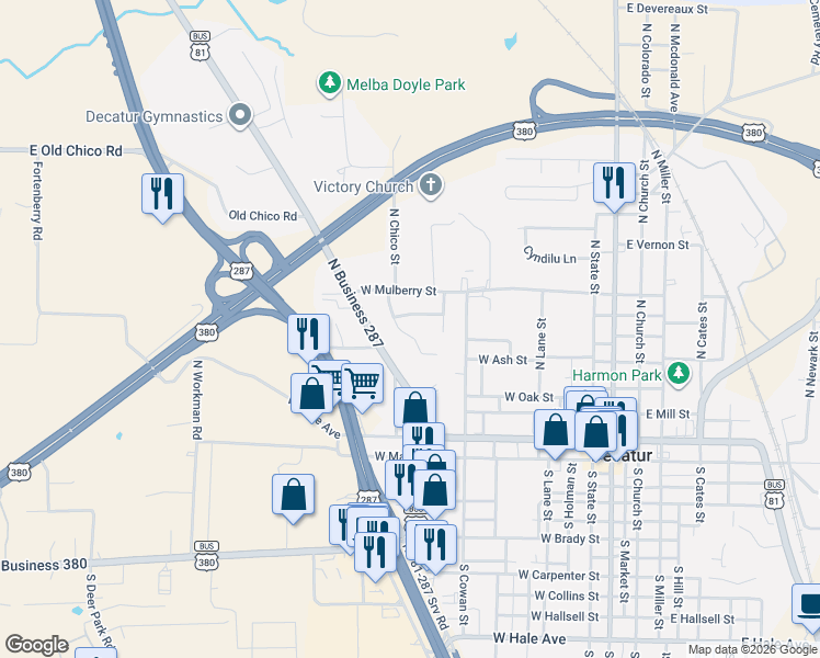 map of restaurants, bars, coffee shops, grocery stores, and more near 604 Valleyridge Court in Decatur