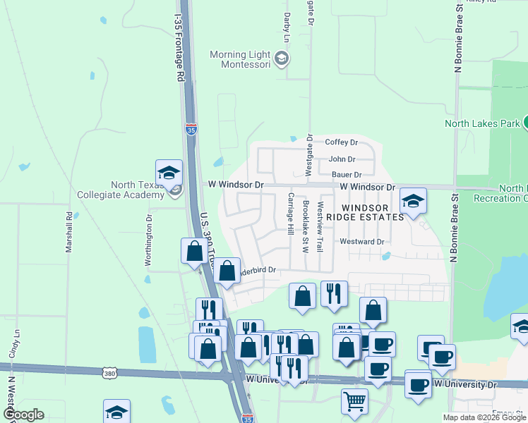 map of restaurants, bars, coffee shops, grocery stores, and more near 2224 Windsor Farms Drive in Denton