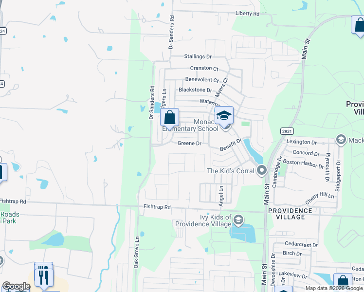 map of restaurants, bars, coffee shops, grocery stores, and more near 9024 Greene Drive in Aubrey