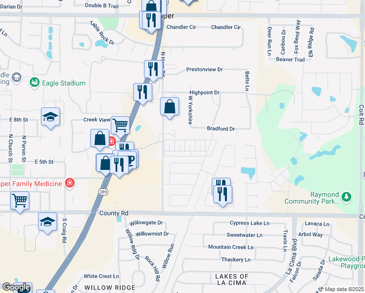 map of restaurants, bars, coffee shops, grocery stores, and more near 1611 Shady Oaks Lane in Prosper