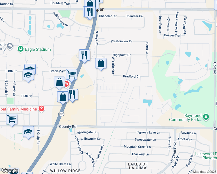 map of restaurants, bars, coffee shops, grocery stores, and more near 1611 Shady Oaks Lane in Prosper