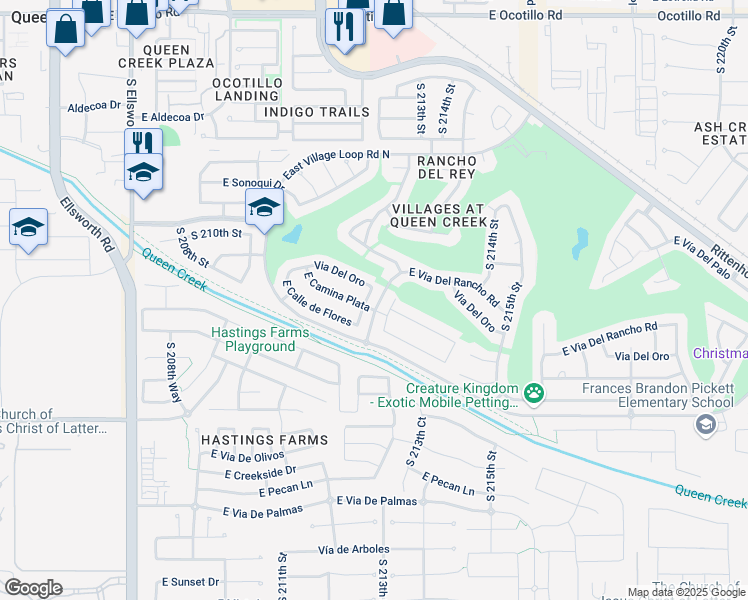 map of restaurants, bars, coffee shops, grocery stores, and more near 23083 South 212th Place in Queen Creek