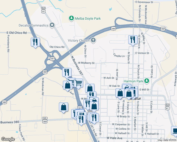 map of restaurants, bars, coffee shops, grocery stores, and more near 604 Valleyridge Court in Decatur