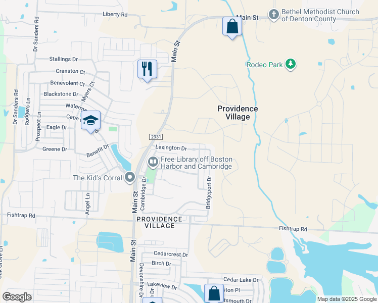 map of restaurants, bars, coffee shops, grocery stores, and more near 10006 Lexington Drive in Denton County