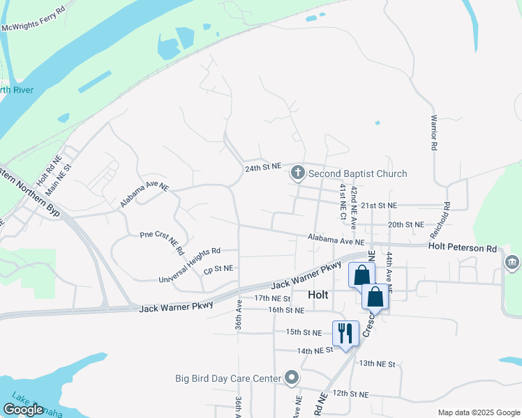 map of restaurants, bars, coffee shops, grocery stores, and more near 3700 20th Street Northeast in Tuscaloosa