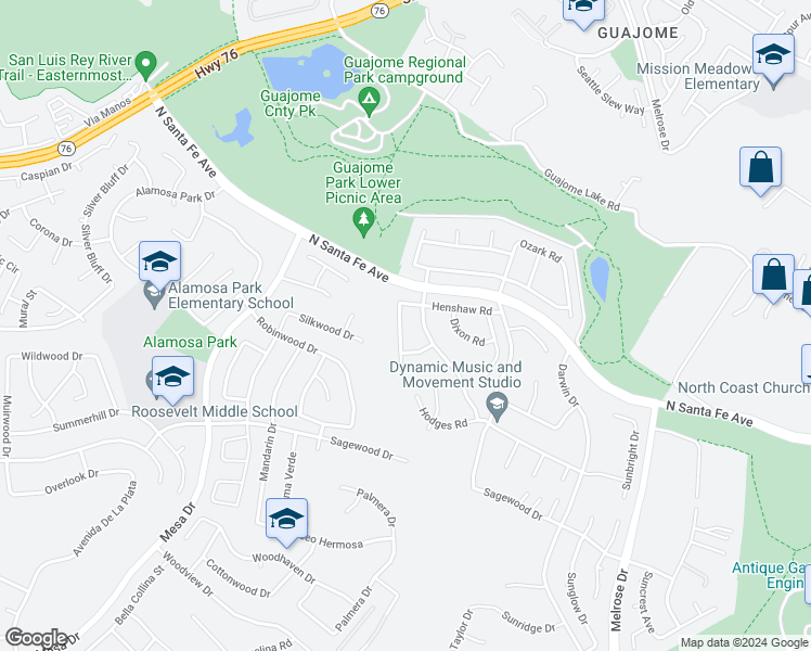 map of restaurants, bars, coffee shops, grocery stores, and more near 5277 Wohlford Street in Oceanside