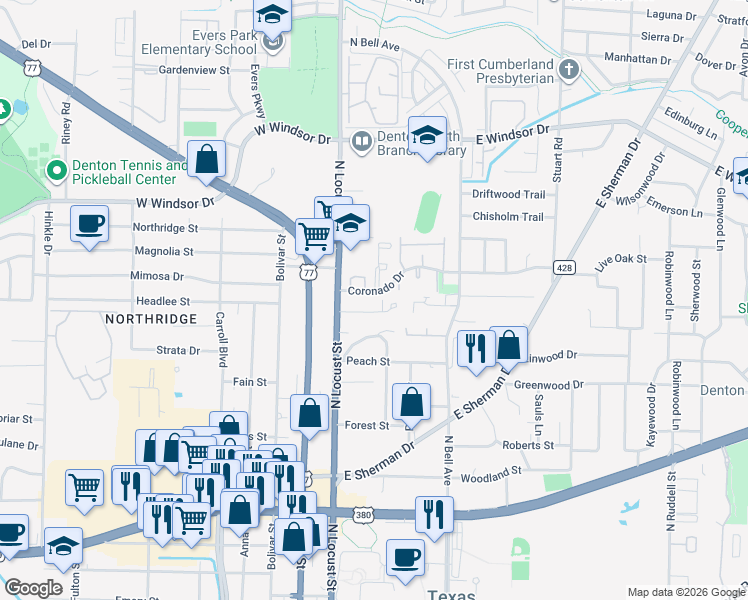 map of restaurants, bars, coffee shops, grocery stores, and more near 120 Coronado Drive in Denton