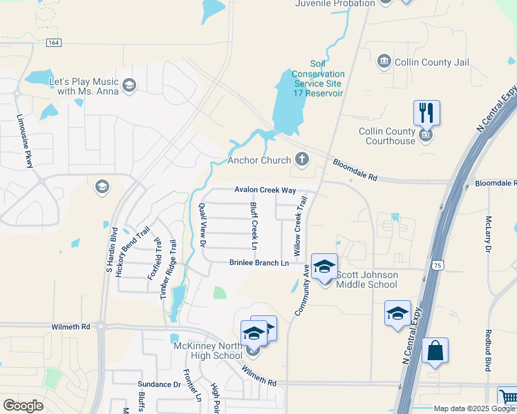 map of restaurants, bars, coffee shops, grocery stores, and more near 3712 Bluff Creek Lane in McKinney