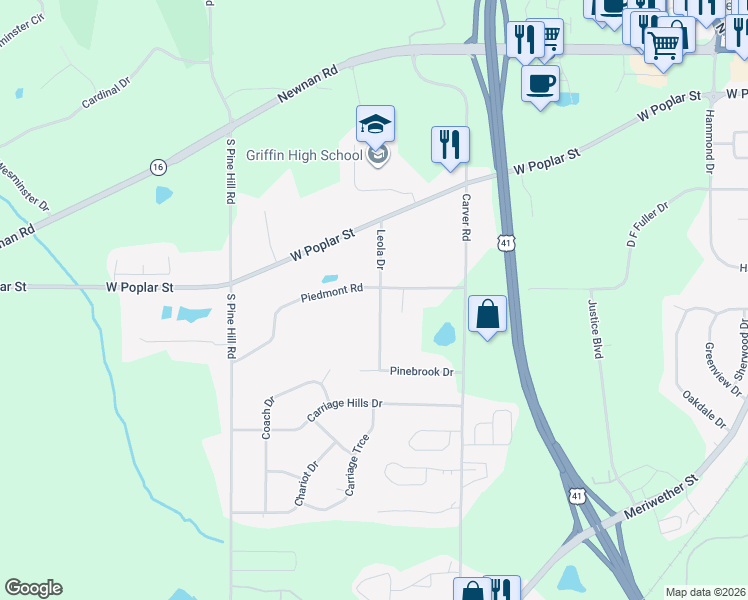 map of restaurants, bars, coffee shops, grocery stores, and more near 403 Leola Drive in Griffin