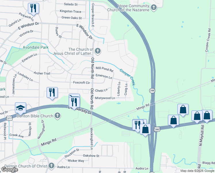 map of restaurants, bars, coffee shops, grocery stores, and more near 2737 Chebi Lane in Denton