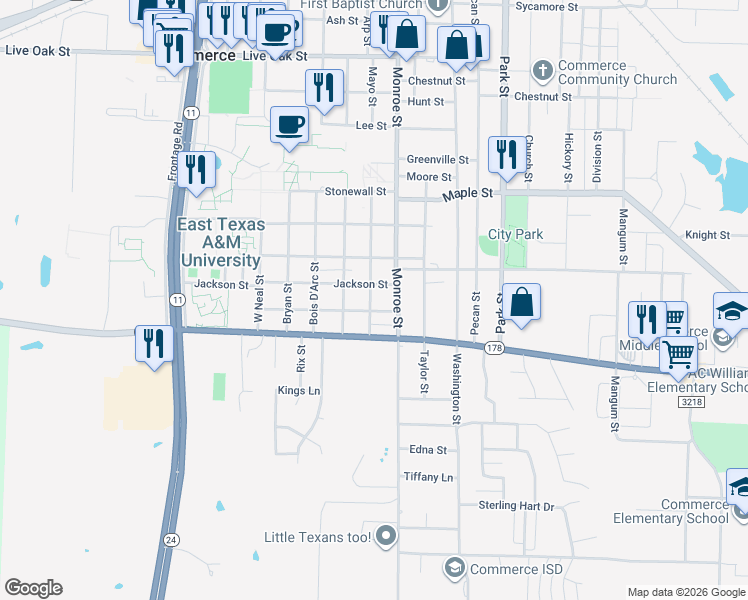 map of restaurants, bars, coffee shops, grocery stores, and more near 2504 Mayo Street in Commerce