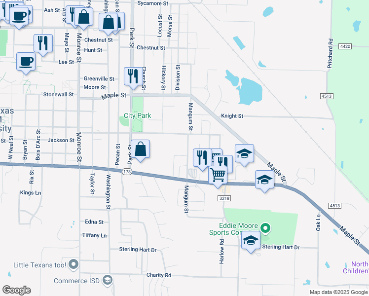 map of restaurants, bars, coffee shops, grocery stores, and more near 2534 Mangum Street in Commerce