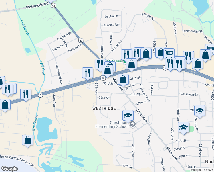 map of restaurants, bars, coffee shops, grocery stores, and more near 3711 33rd Street in Northport