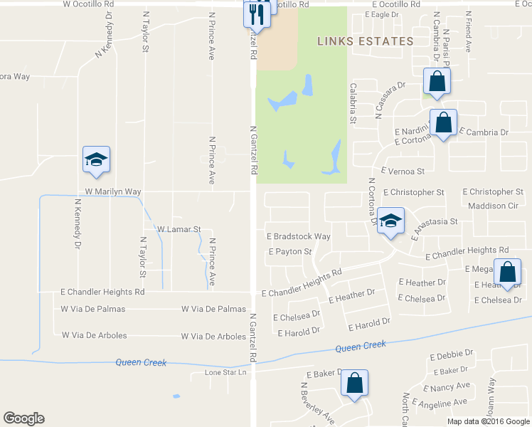 map of restaurants, bars, coffee shops, grocery stores, and more near 39582 North Kelly Lane in Queen Creek