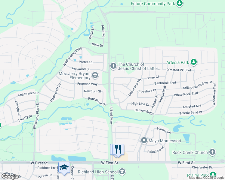 map of restaurants, bars, coffee shops, grocery stores, and more near 230 Valley Mills Lane in Prosper