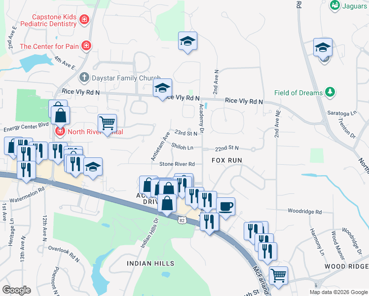 map of restaurants, bars, coffee shops, grocery stores, and more near 375 Shiloh Lane in Tuscaloosa
