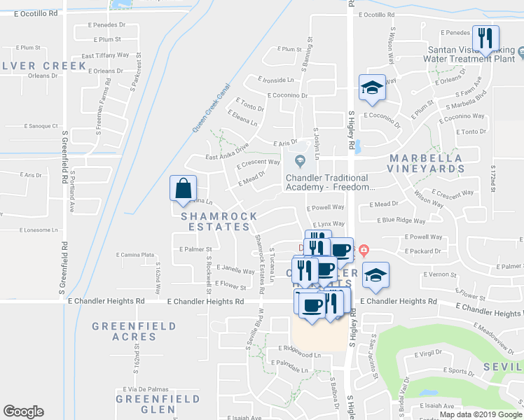 map of restaurants, bars, coffee shops, grocery stores, and more near 2948 E Powell Way in Gilbert
